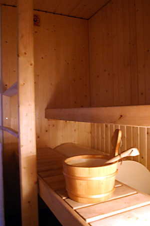 Sauna on kuusipanelia ja tervaleppää
